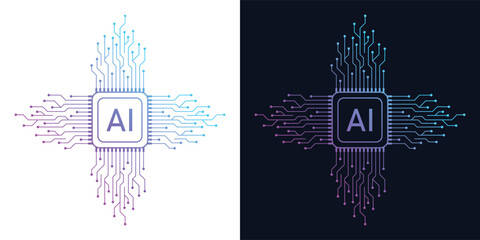 Artificial Intelligence AI Microchip with Neural Circuit Design. Vector Illustration of an AI Processor with Neural Circuitry Representing Machine Learning, Deep Learning and Intelligent Systems