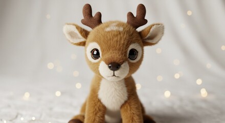 柔らかな光に包まれた愛らしい子鹿のぬいぐるみがきらめくボケを背景に優しい瞳でこちらを見つめる心温まる夢のような瞬間. AI Generated