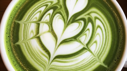 Close up high angle view of green matcha latte foam art featuring multiple heart shapes and symmetrical pattern