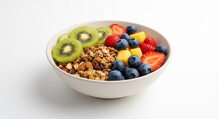 清潔な白背景に映えるカラフルなフルーツグラノーラボウル 栄養満点ヘルシーな朝食. AI Generated