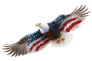 Bald eagle flying with American flag stars and stripes on wings, patriotic USA symbol isolated on transparent background.