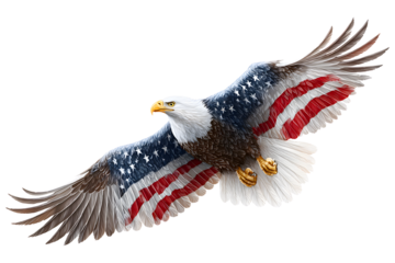 Bald eagle flying with American flag stars and stripes on wings, patriotic USA symbol isolated on transparent background.