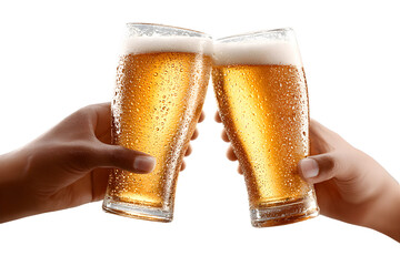 Hands clinking cold beer glasses isolated on transparent background. Celebration, friendship, party and beverage alcohol concept.