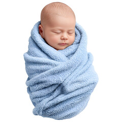 Newborn baby sleeping wrapped in a soft blue towel, infant portrait isolated on transparent background.