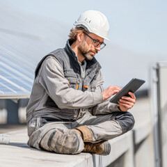 A worker in a hard hat sits on a rooftop, using a tablet, with solar panels in the background, showcasing modern technology in construction.