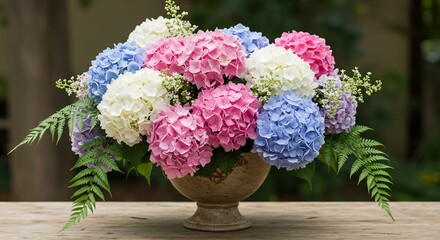 柔らかな自然光が降り注ぐ中 ピンク青白の鮮やかなグラデーション紫陽花が美しく咲き誇る アンティーク調の器に活けられたボリュームあるエレガントなフラワーアレンジメントがテーブルを華やかに彩る. AI Generated