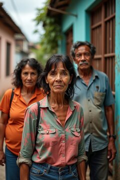 Residentes latinoamericanos, rostros curtidos, ropa de diario, casas cercanas, estilo aut&eacute;ntico de fotograf&iacute;a documental