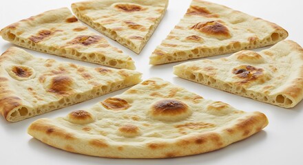 明るいやわらかな光が降り注ぐ中温かい焼き立てのナンが丁寧に放射状に切り分けられふっくらもちもちの鮮やかな黄金色で食欲をそそる香ばしさが漂う魅力的な一枚. AI Generated