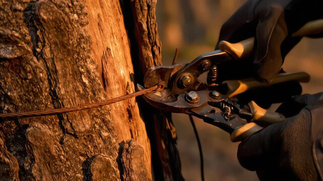 A close-up of gloved hands using wire cutters to sever a thick, twisted metal cable from a tree trunk at sunset