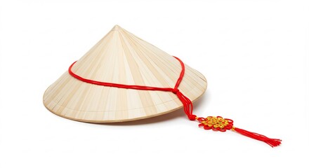 明るく清潔な白い背景に優しく置かれたアジアの伝統的な円錐形麦わら帽子 丁寧に手織りされた天然素材の美しい質感と鮮やかな赤い飾り紐のタッセルが柔らかな光の中で異国情緒あふれる魅力を放つ. AI Generated