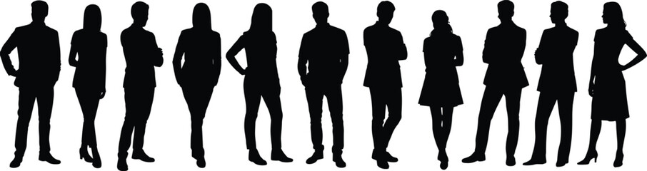 Business team icon set, professional silhouettes, corporate posture, group stance, black vector graphics, human resources theme