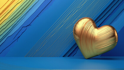 Serce walentynkowe w odcieniach żółtego i złota na niebiesko żółtym tle. Symbole dnia zakochanych.