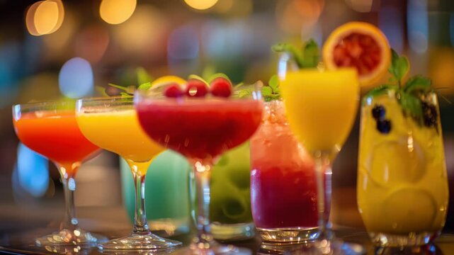 Festive Holiday Cocktails. Glasses of cocktails with Christmas decoration on bokeh lights background. Season drink set. Vibrant colorful display of various winter cocktails for New Year celebrations