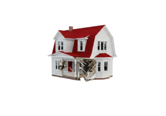 Hyper-realistic 3d render of a white suburban house with red gambrel roof, violently pitching into a deep black geological fissure on a white void. Symbolic visual metaphor for economic collapse