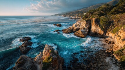 Coastal landscape with sea cliffs and ocean under a blue sky background