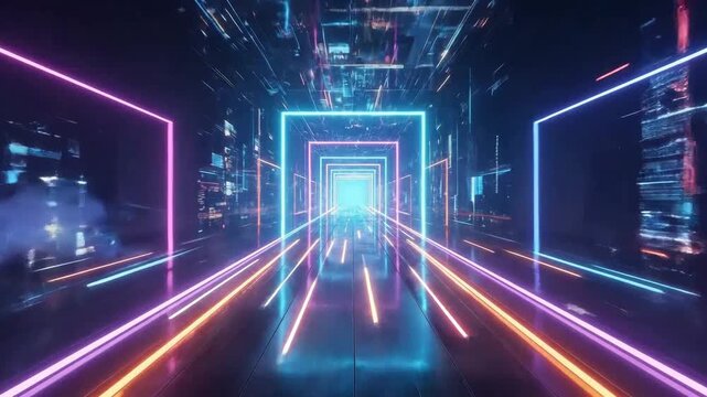 Futuristic corridor with neon lights, creating a sense of depth and technological advancement.