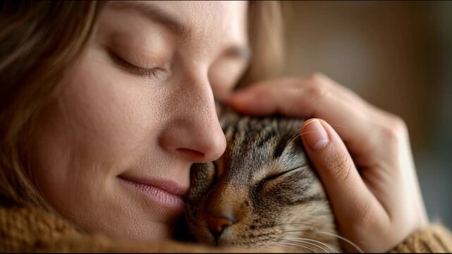 Close up of a serene woman with her eyes closed, tenderly holding and cuddling her purring tabby cat, showcasing a strong bond and deep affection between a pet and its loving owner