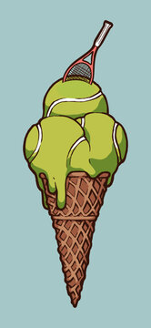 Tennis balls ice-cream in the waffle cone with tennis racket on the top. Sports vector illustration.