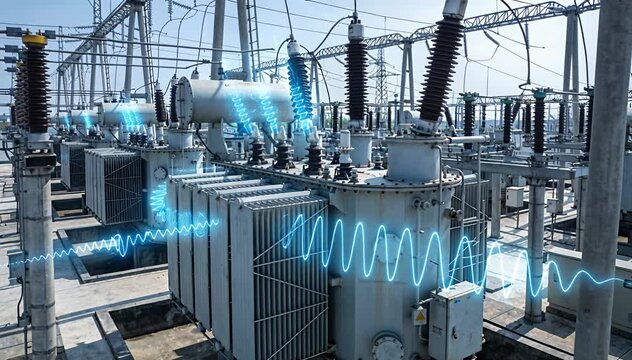 Electric substation transformation infrastructure with energy flow animation and power grid components.