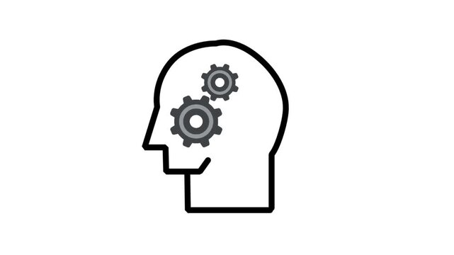 Cognitive Process line animation. Human head profile with mechanical gears, symbolizing cognitive processing, technical engineering, logical reasoning, and mental automation in business workflows.
