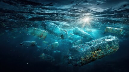 Obraz premium Underwater scene shows many plastic bottles floating, with light shining down from above