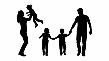 Obraz premium Silhouette of a happy family with three children enjoying time together.