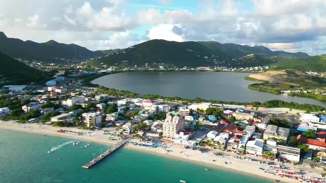 Aerial View of Simpson Bay Beach and Lagoon with Turquoise Water in Sint Maarten, Caribbean