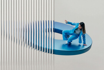 Woman in motion with abstract 3D circular structure and glass pattern