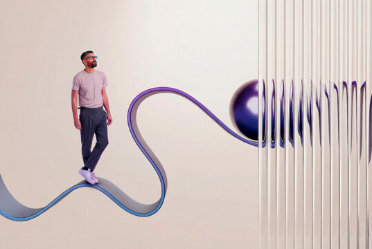 Man walking on abstract 3D balance surface with glass pattern