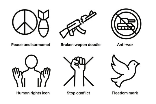 Peace symbols and anti-war icons: disarmament, conflict, human rights, and freedom - Powered by Adobe