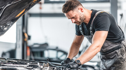 A focused mechanic works on a car engine in a modern garage, showcasing expertise and dedication to automotive repair.