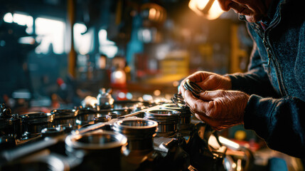 Naklejka premium A mechanic meticulously inspects engine components in a dimly lit workshop, showcasing skill and attention to detail in automotive repair.