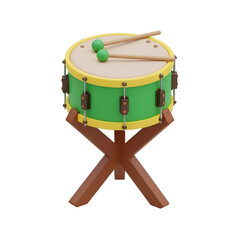 Green drum with drumsticks on stand