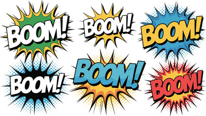 Comic book explosion effects, colorful speech bubbles, pop art style, dynamic onomatopoeia, vibrant cartoon text, comic boom graphics, burst icons, comic art design © Biplob Creatives