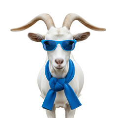 Cool white goat wearing blue sunglasses and scarf