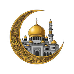 Crescent moon with mosque and arabic calligraphy