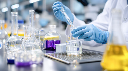 A scientist in a lab uses a pipette to transfer liquid, surrounded by various glassware filled with colorful chemicals.