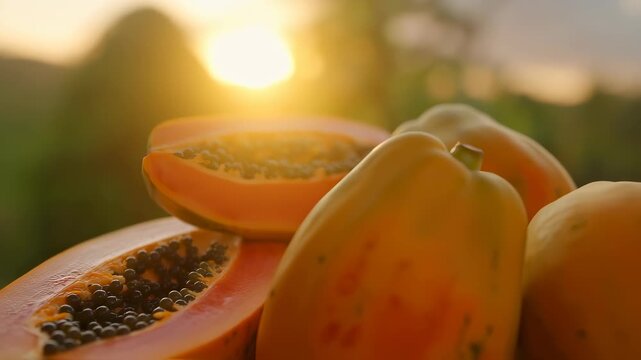 Sliced papayas are displayed on a table, showcasing their vibrant colors and rich textures as the sun sets in the background. The papayas symbolize freshness and tropical flavor in the scene.