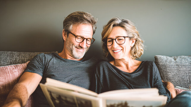 A joyful couple reading together on a cozy couch, sharing smiles and laughter in a warm, inviting living space.