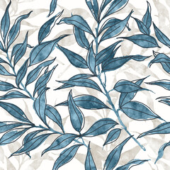 Fototapeta premium seamless background with colorful blue leaves textured and outlined floral pattern