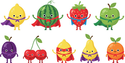 Cute superhero fruit characters vector set with apple, lemon, strawberry and watermelon mascots in flat cartoon illustration style isolated on white background © MdNazmul