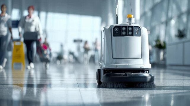 Close-up sweeper scrubber machine cleaning. Concept clean airport from debris. Industry machine with AI and camera. Automatic electric robot cleaner mopping of floor in commercial shop mall. Banner