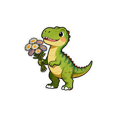 Fototapeta premium Dinosaurus lucu memegang buket bunga warna-warni dengan gembira.