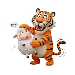 Naklejka premium Humorous Tiger and Sheep Illustration: A Playful Interaction in Cartoon Style