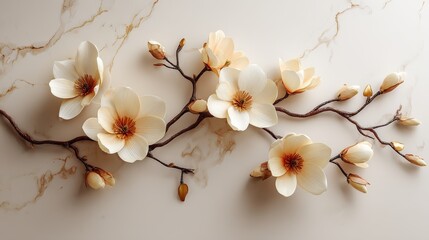 Delicate cream-colored blossoms and buds adorn a winding brown branch against a pale marbled surface.