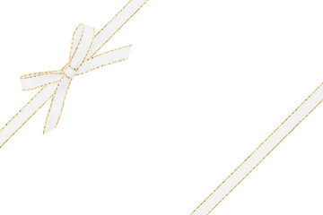 White and Gold Bow Ribbon in Corner Isolated on White and Png Transparent Background