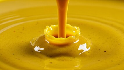Vibrant yellow sauce splash creating liquid crown ripple close up in high detail food macro shot