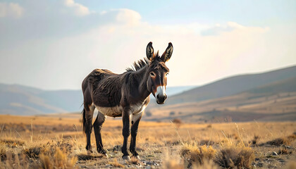 Donkey standing in open rural landscape at sunset symbolizing hard work and sustainability concept