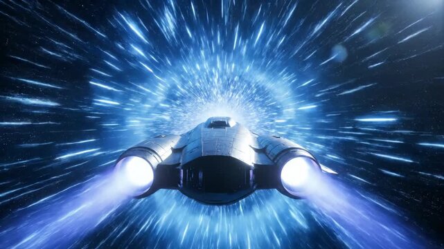 Futuristic Spaceship Traveling at Warp Speed through Blue Hyperspace Wormhole: Sci-Fi Space Exploration Concept with Motion Blur and Light Streaks