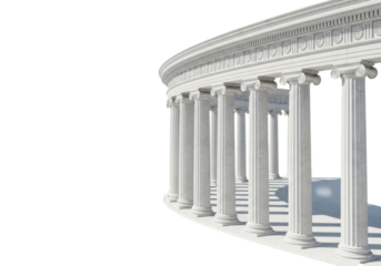 majestic, curved colonnade with fluted ionic columns of luminous white carrara marble and classical relief carvings, rendered in a transparent studio for copy space. concept of architectural purity